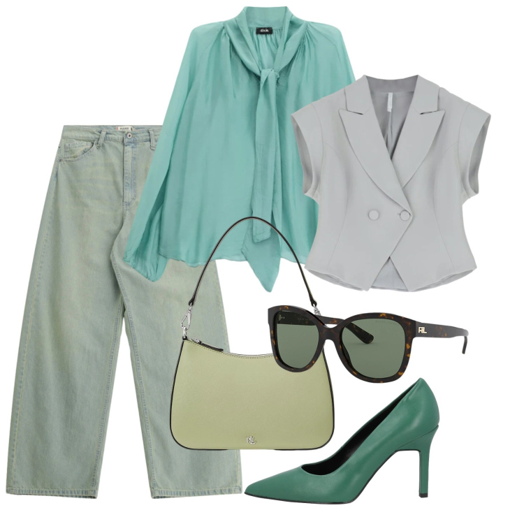 Outfit donna - Bantoa SS26. Stile Casual chic per Tutti i giorni. Abbinamento con décolleté, gilet, bluse, jeans, occhiali da sole, borse a spalla.