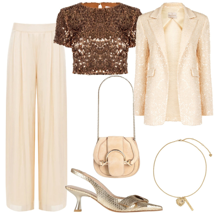 Outfit donna - Total look #2353112. Stile Glamour per Cerimonia. Abbinamento con marsupi, décolleté, blazer, pantaloni a palazzo, bluse, ciondoli.