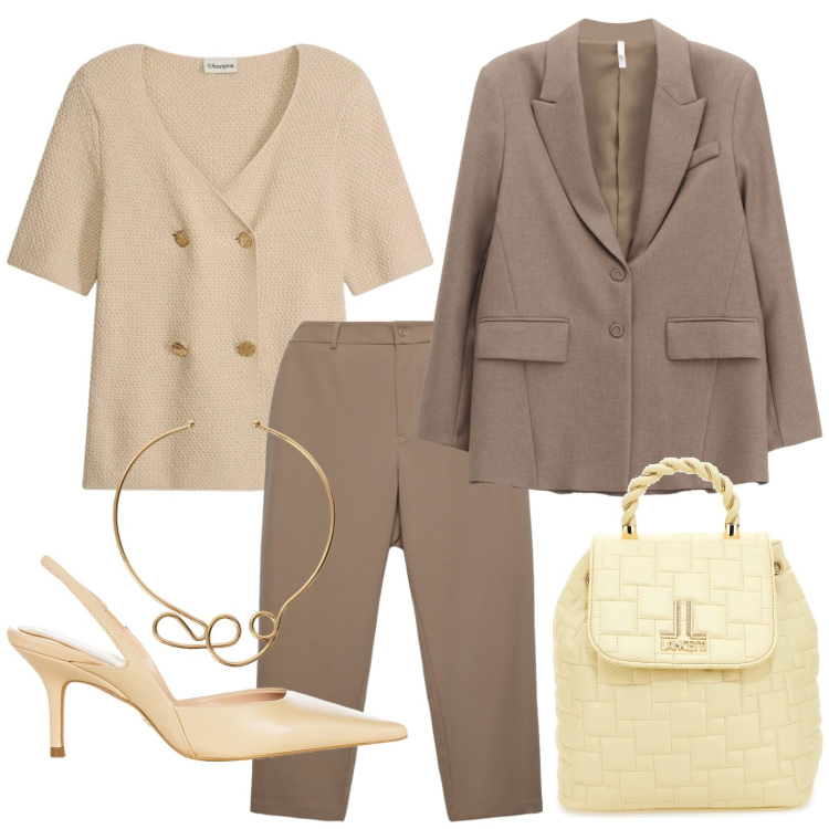 Outfit donna - Primavera che valorizza. Stile Chic per Ufficio. Abbinamento con cardigans, pantaloni chino, blazer, collane, décolleté, zaini.