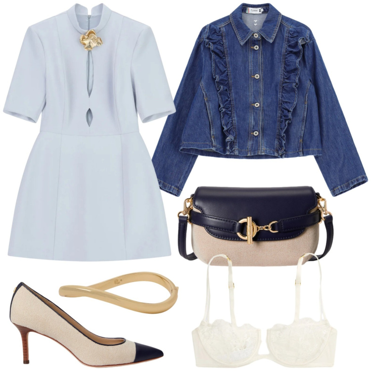 Outfit donna - Primavera che valorizza. Stile Chic per Ufficio. Abbinamento con vestiti corti, blazer, reggiseni a balconcino, décolleté, borse a tracolla, braccialetti.