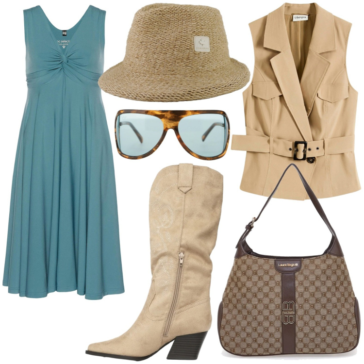 Outfit donna - Primavera che valorizza. Stile Glamour per Tutti i giorni. Abbinamento con vestiti, gilet, stivali, occhiali da sole, cappelli, borse a spalla.
