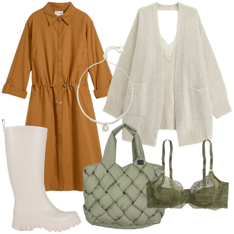 Outfit donna - Primavera che valorizza. Stile Urban per Tutti i giorni. Abbinamento con stivali di gomma, vestiti chemisier, cardigans, borse tote, reggiseni, braccialetti.
