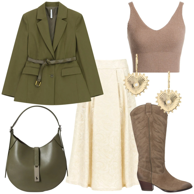 Outfit donna - Primavera che valorizza. Stile Urban per Tutti i giorni. Abbinamento con stivali, top, blazer, gonne longuette, orecchini, borse a spalla.