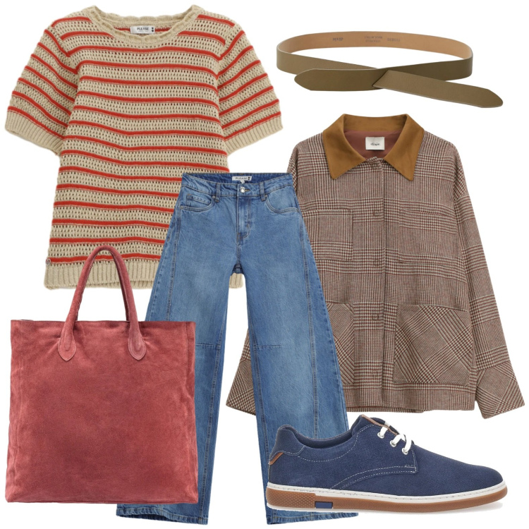 Outfit donna - La shopper pratica. Stile Casual per Tutti i giorni. Abbinamento con cinture, blazer, t-shirt, jeans, scarpe stringate, borse a mano.