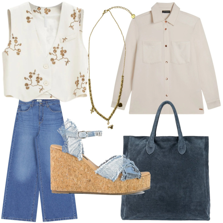 Outfit donna - Il gilet contemporaneo. Stile Casual per Tutti i giorni. Abbinamento con gilet, jeans, ciondoli, camicie, zeppe, borse a mano.