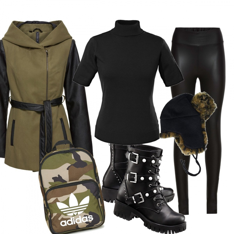 Outfit donna - Pronta per il freddo. Stile Urban per Scuola/Università. Abbinamento con treggings, maglieria, stivali, stivaletti con perle e zip nero, zaino verde, cappello animalier marrone.