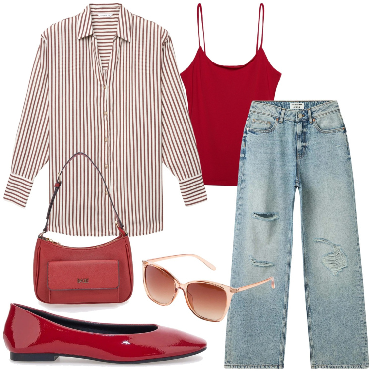Outfit donna - Rosso Raffinato. Stile Casual chic per Tutti i giorni. Abbinamento con occhiali da sole, camicie, canottiere, jeans strappati, borse a spalla, ballerine.