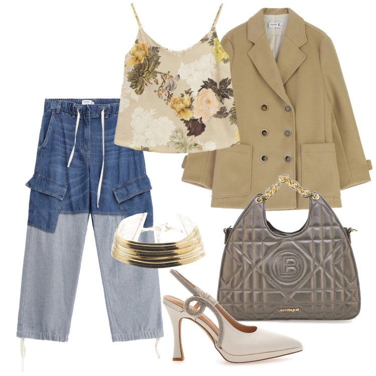 Outfit donna - Marzo. Stile Trendy per Tutti i giorni. Abbinamento con top, braccialetti, jeans, blazer, borse a mano, décolleté.