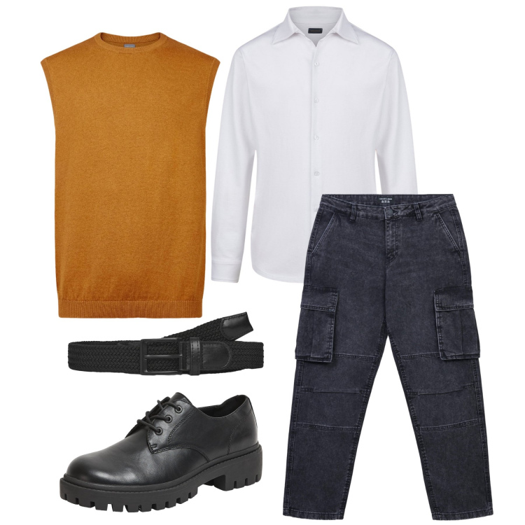 Outfit uomo - Marzo. Stile Business/Elegante per Ufficio. Abbinamento con scarpe stringate, cinture, jeans, gilet, polo.
