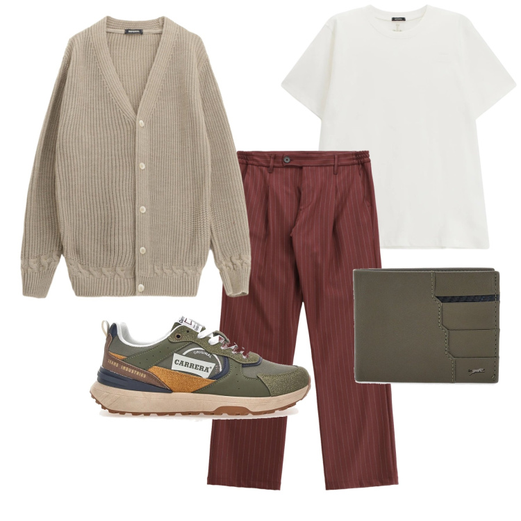 Outfit uomo - Marzo. Stile Trendy per Tutti i giorni. Abbinamento con pantaloni, cardigans, t-shirt, portafogli, sneakers.