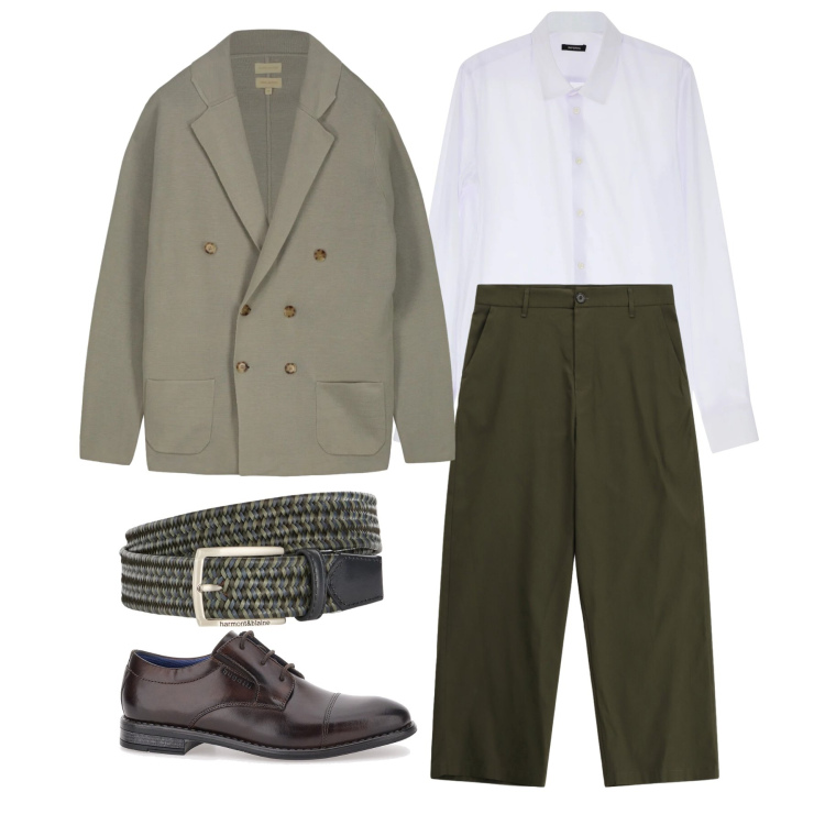 Outfit uomo - Marzo. Stile Business/Elegante per Ufficio. Abbinamento con cinture, camicie, pantaloni, scarpe stringate, cardigans.