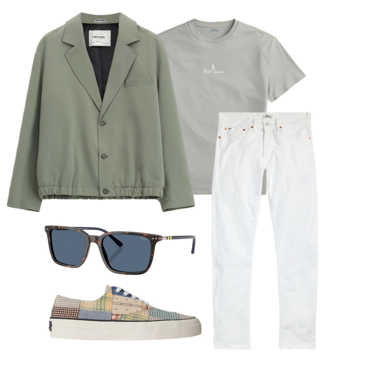 Outfit uomo - Marzo. Stile Trendy per Tutti i giorni. Abbinamento con giacche, jeans, occhiali da sole, t-shirt, sneakers.