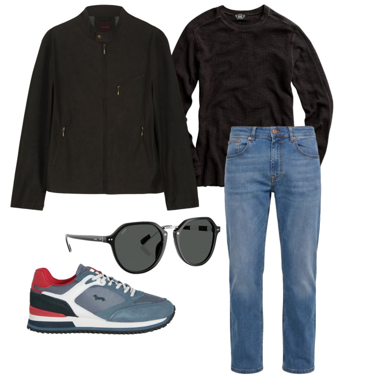 Outfit uomo - Marzo. Stile Casual per Tutti i giorni. Abbinamento con sneakers, jeans, maglieria, occhiali da sole, giacche.