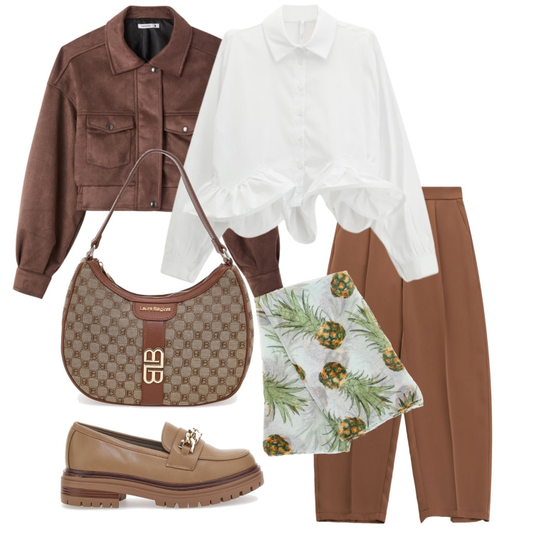 Outfit donna - Marzo. Stile Casual chic per Tutti i giorni. Abbinamento con bomber, pantaloni, camicie, mocassini, foulard, borse a spalla.