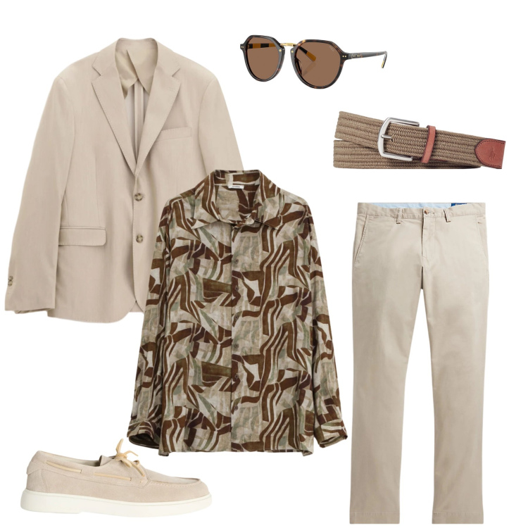 Outfit uomo - Il Casual Business in Toni Neutri. Stile Casual per Tutti i giorni. Abbinamento con scarpe stringate, camicie, giacche, cinture, pantaloni, occhiali da sole.