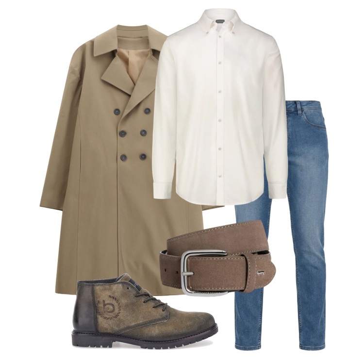 Outfit uomo - Marzo. Stile Casual per Ufficio. Abbinamento con jeans, cinture, trench, scarpe stringate, camicie.