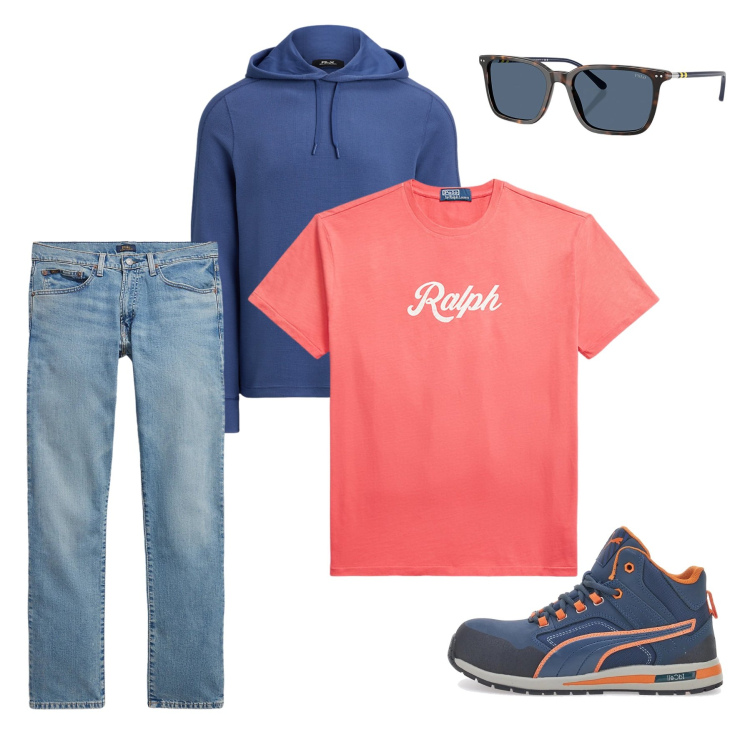 Outfit uomo - Urban Dynamic. Stile Urban per Tutti i giorni. Abbinamento con occhiali da sole, t-shirt, jeans, felpe con cappuccio, scarpe stringate.