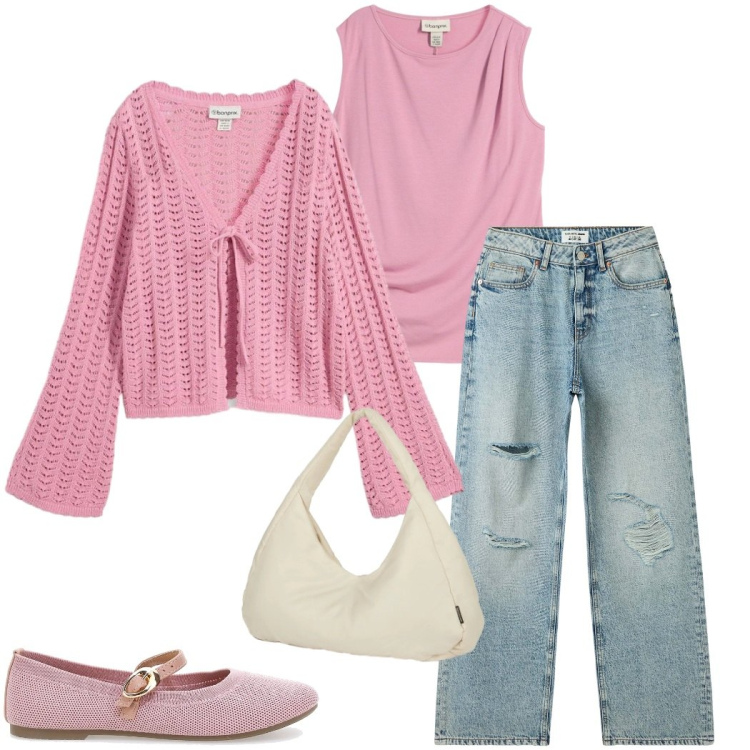 Outfit donna - Light Blue denim. Stile Sporty chic per Tutti i giorni. Abbinamento con top, cardigans, jeans strappati, borse a spalla, ballerine.