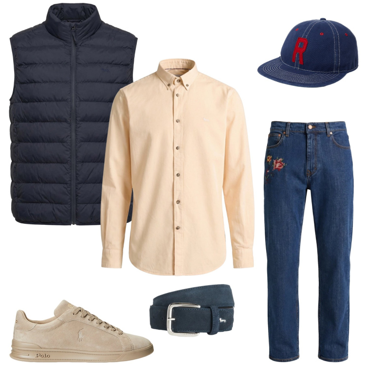 Outfit uomo - Heritage Moderno. Stile Urban per Tutti i giorni. Abbinamento con jeans, camicie, cinture, piumini, sneakers, cappelli con visiera.