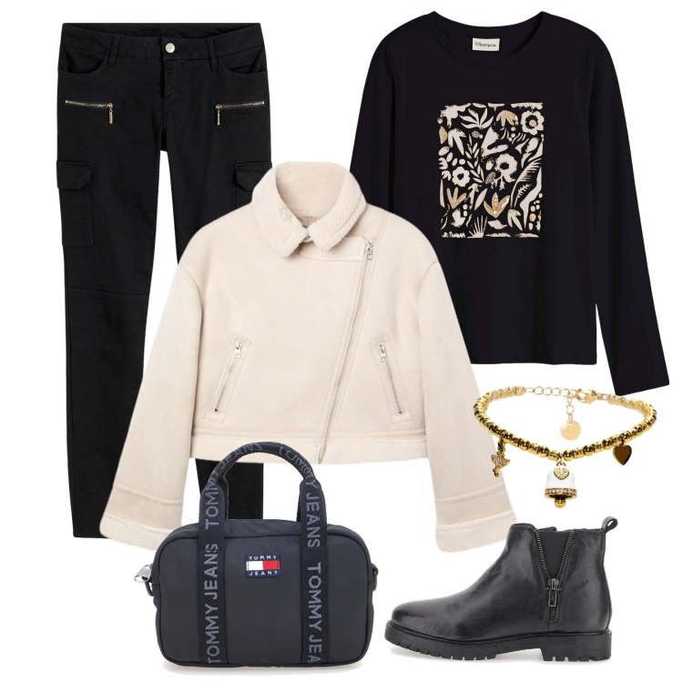 Outfit donna - Portafortuna. Stile Casual per Tutti i giorni. Abbinamento con maglieria, pantaloni cargo, giacche, braccialetti, borse a tracolla, stivaletti.