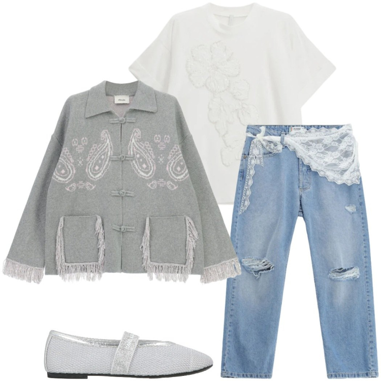 Outfit donna - Light Blue denim. Stile Casual chic per Serata fuori. Abbinamento con ballerine, t-shirt, cardigans, jeans strappati.
