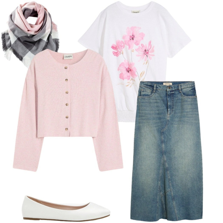 Outfit donna - Look primaverile. Stile Basic per Tutti i giorni. Abbinamento con gonne, cardigans, t-shirt, foulard, ballerine.