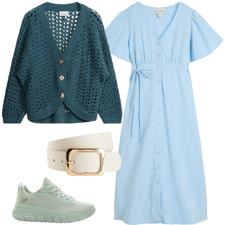 Outfit donna - Chiara. Stile Casual per Tutti i giorni. Abbinamento con vestiti midi/longuette, sneakers, cardigans, cinture.