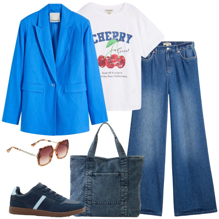 Outfit donna - Ciliegie. Stile Casual per Tutti i giorni. Abbinamento con jeans, t-shirt, occhiali da sole, blazer, shopping bag, sneakers.