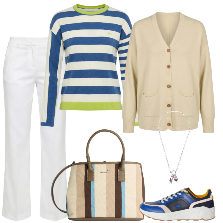 Outfit donna - Gita al porto. Stile Casual per Tutti i giorni. Abbinamento con pullovers, sneakers, shopping bag, pantaloni, cardigans, ciondoli.