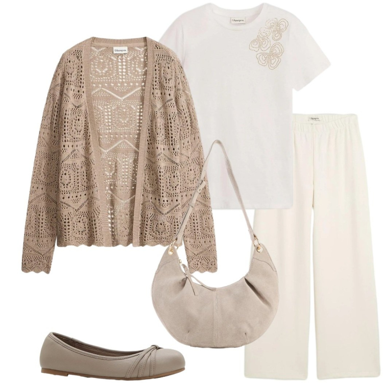 Outfit donna - Look primaverile. Stile Casual chic per Tutti i giorni. Abbinamento con cardigans, pantaloni, maglieria, borse a tracolla, ballerine.