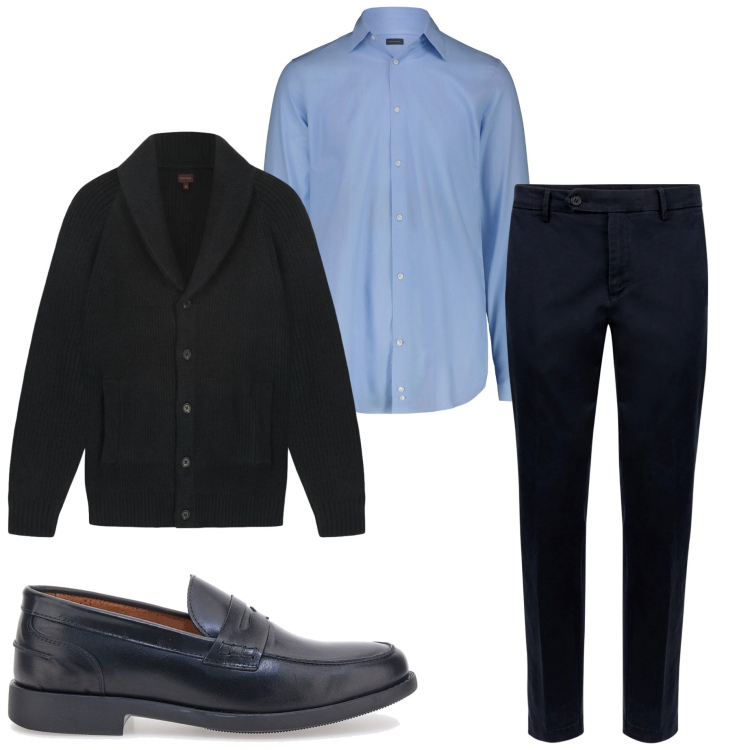 Outfit uomo - In ufficio. Stile Business/Elegante per Ufficio. Abbinamento con pantaloni chino, camicie, cardigans, scarpe stringate.
