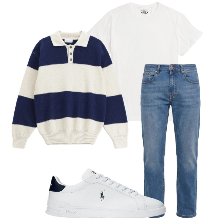 Outfit uomo - Marzo. Stile Casual per Tutti i giorni. Abbinamento con jeans, maglieria, sneakers, t-shirt.