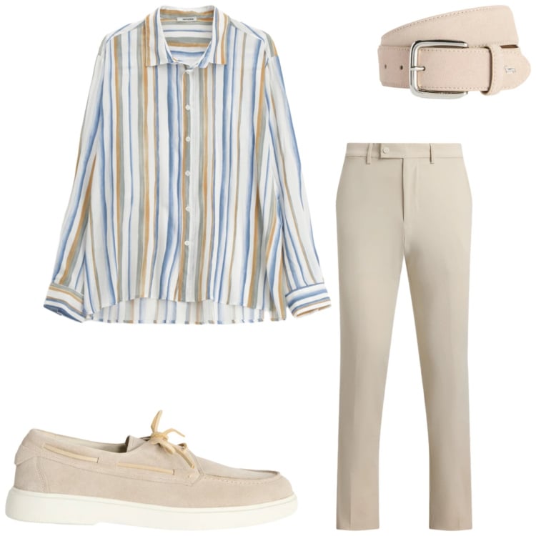 Outfit uomo - Look primaverile. Stile Casual per Tutti i giorni. Abbinamento con scarpe stringate, cinture, camicie, pantaloni.