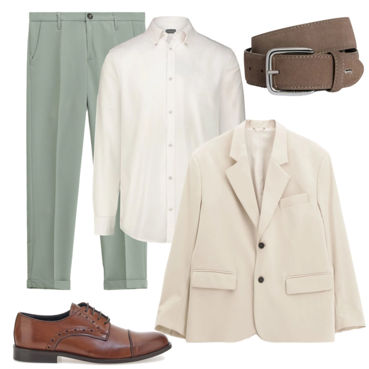 Outfit uomo - Risveglio Pastello in Blazer. Stile Business/Elegante per Ufficio. Abbinamento con cinture, giacche, pantaloni, scarpe stringate, camicie.