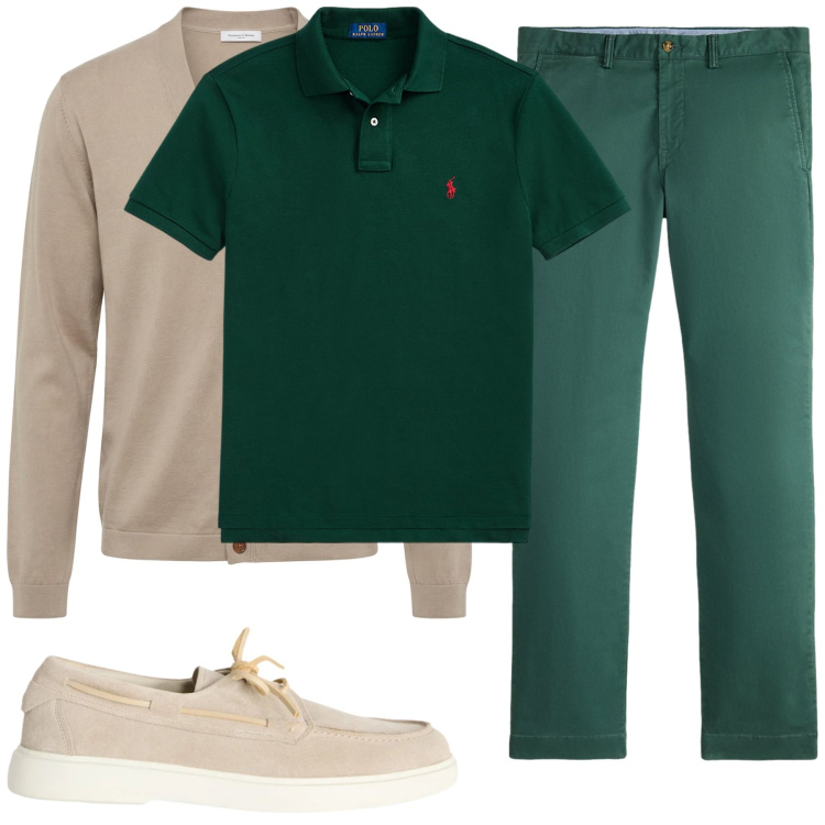 Outfit uomo - Armonia Green & Sand. Stile Casual per Tutti i giorni. Abbinamento con scarpe stringate, cardigans, polo, pantaloni chino.
