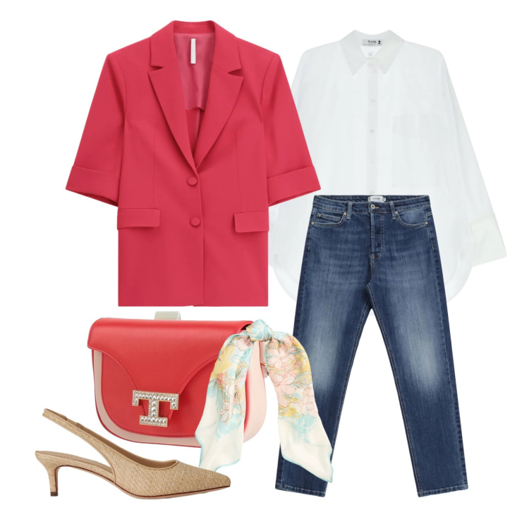Outfit donna - Marzo. Stile Chic per Tutti i giorni. Abbinamento con marsupi, blazer, jeans, camicie, foulard, décolleté.