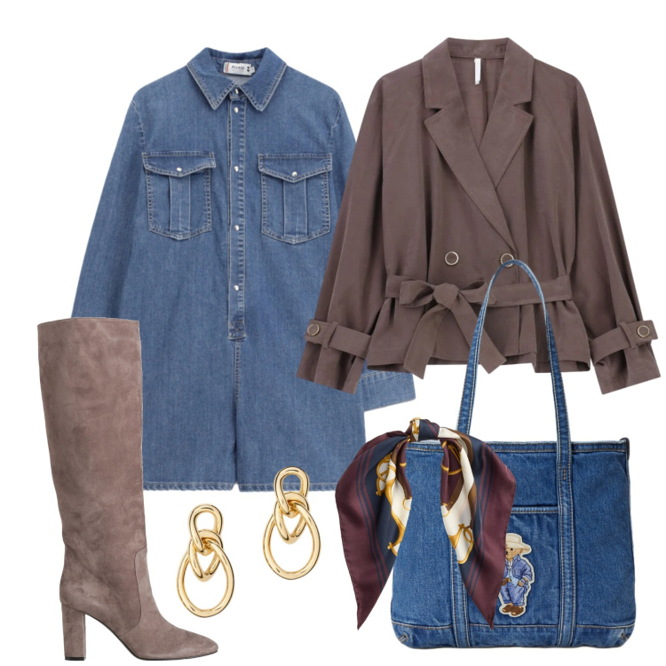 Outfit donna - Marzo. Stile Trendy per Tutti i giorni. Abbinamento con stivali, blazer, tuta corta, orecchini, foulard, borse tote.