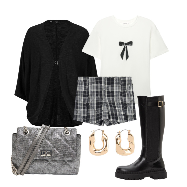 Outfit donna - Marzo. Stile Trendy per Tutti i giorni. Abbinamento con cardigans, stivali, orecchini, borse a tracolla, t-shirt, gonne.