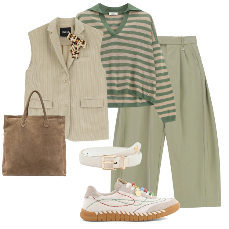 Outfit donna - Venerdì casual Total look. Stile Urban per Ufficio. Abbinamento con pantaloni a palazzo, maglieria, gilet, cinture, sneakers, borse a mano.