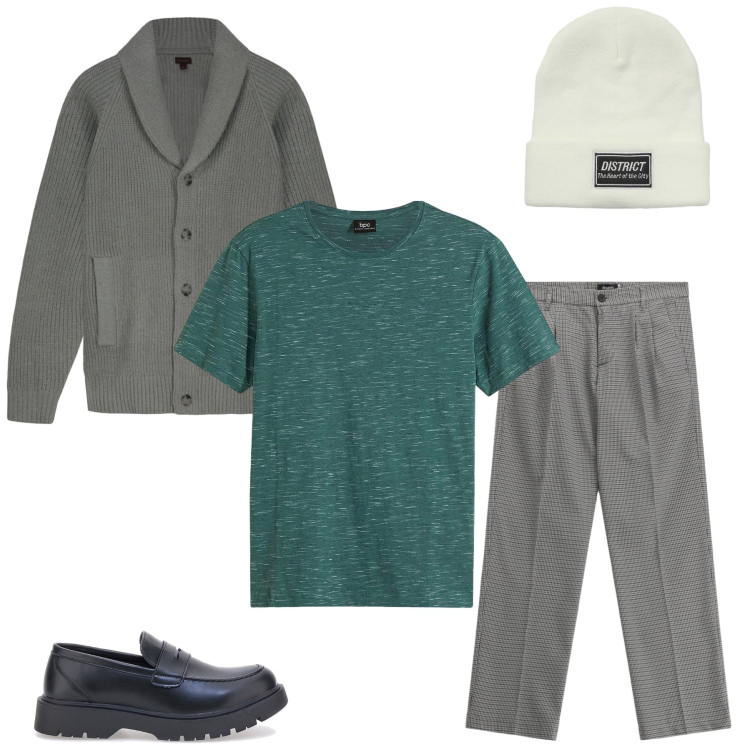 Outfit uomo - Urban Heritage. Stile Urban per Tutti i giorni. Abbinamento con t-shirt, pantaloni, berretti, cardigans, scarpe stringate.