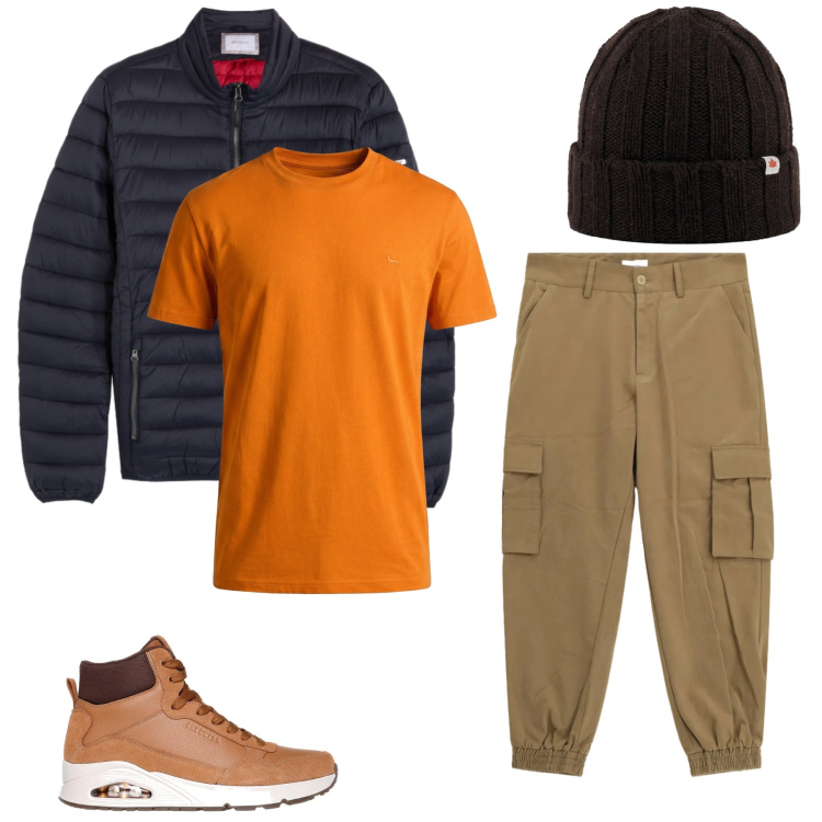 Outfit uomo - Adventure Core. Stile Urban per Tutti i giorni. Abbinamento con t-shirt, pantaloni cargo, piumini, berretti, sneakers alte.
