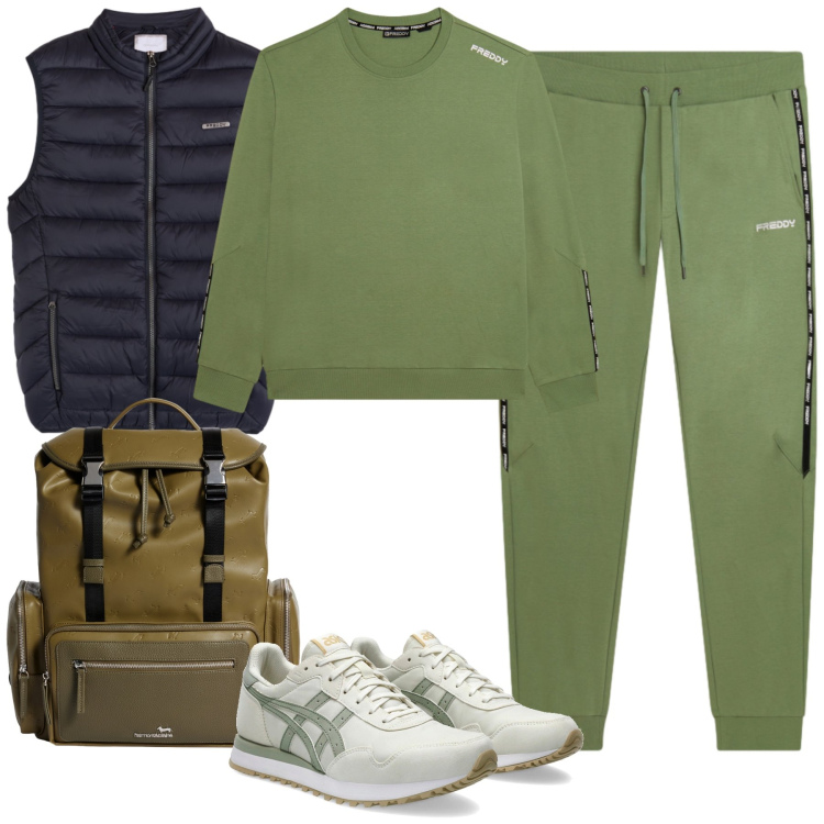 Outfit uomo - Dinamismo Green in Movimento. Stile Urban per Tutti i giorni. Abbinamento con borse sportive, piumini, felpe, pantaloni sportivi, sneakers.
