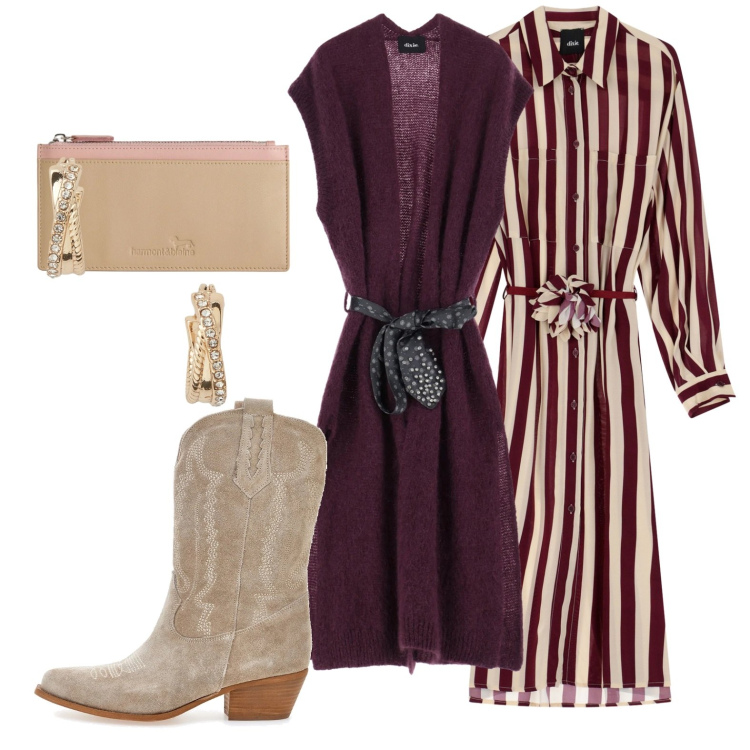 Outfit donna - Country a righe. Stile Trendy per Tutti i giorni. Abbinamento con portafogli, gilet, vestiti midi/longuette, orecchini, stivaletti texani.