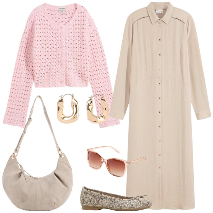 Outfit donna - Total look #2353209. Stile Romantica per Tutti i giorni. Abbinamento con cardigans, vestiti chemisier, ballerine, orecchini, borse a tracolla, occhiali da sole.