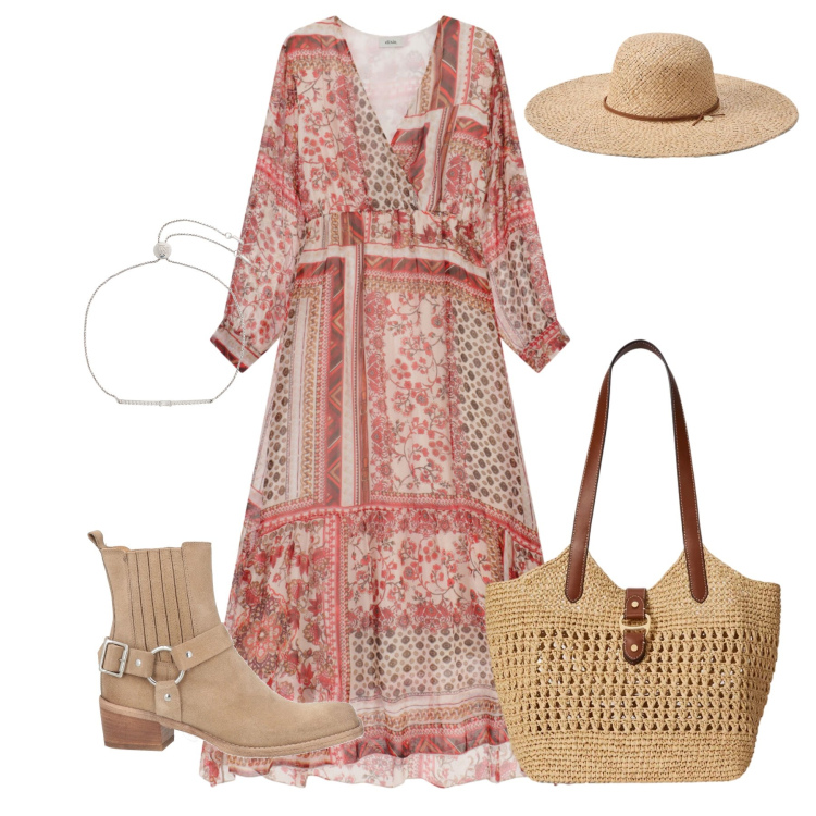 Outfit donna - Incanto Bohemien. Stile Boho per Tutti i giorni. Abbinamento con stivaletti texani, vestiti lunghi, braccialetti, borse tote, cappelli.