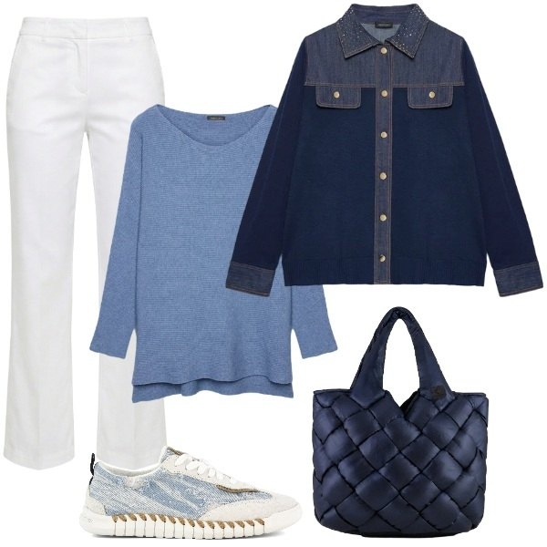 Outfit donna - Blue & Company. Stile Urban per Tutti i giorni. Abbinamento con pantaloni, maglieria, cardigans, borse tote, sneakers.