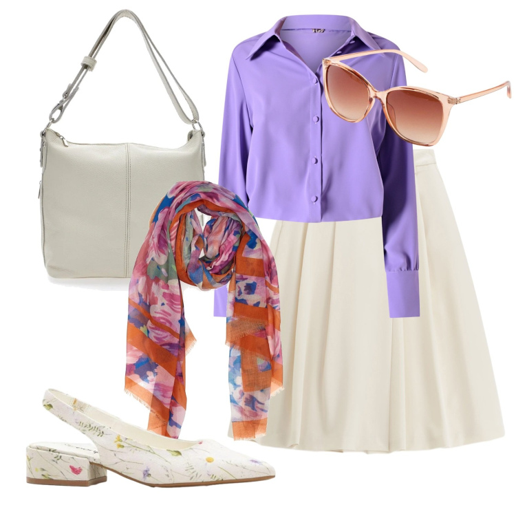 Outfit donna - Fiori sulle scarpe. Stile Bon Ton per Ufficio. Abbinamento con décolleté, occhiali da sole, pantaloni, camicie, sciarpe, borse a spalla.