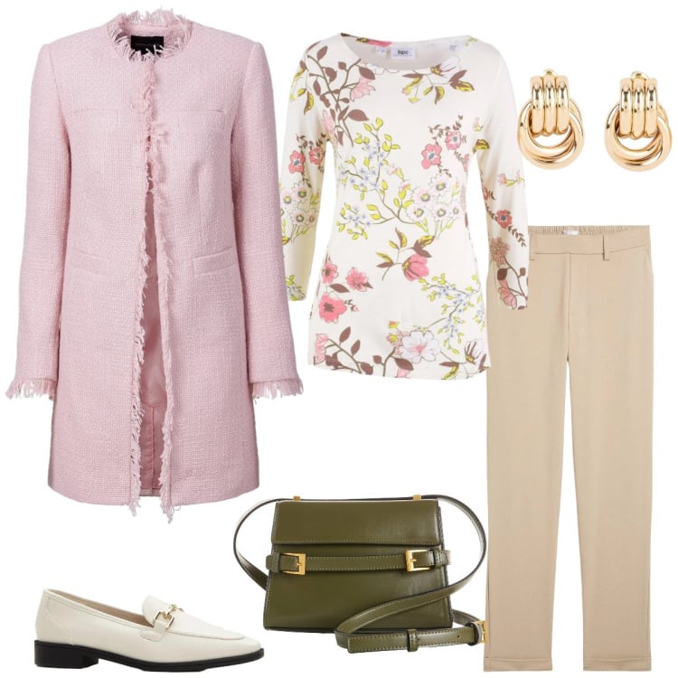 Outfit donna - Total look #2353219. Stile Casual chic per Tutti i giorni. Abbinamento con blazer, pantaloni chino, maglieria, borse a tracolla, mocassini, orecchini.