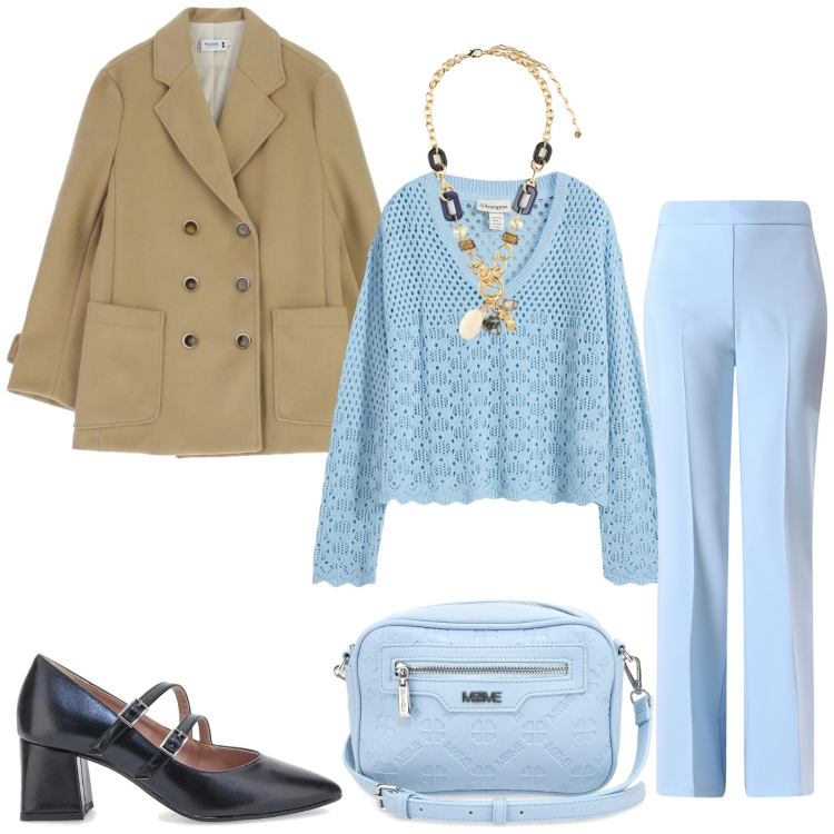Outfit donna - Total look #2353220. Stile Chic per Scuola/Università. Abbinamento con maglieria, collane, blazer, pantaloni, décolleté, borse a tracolla.