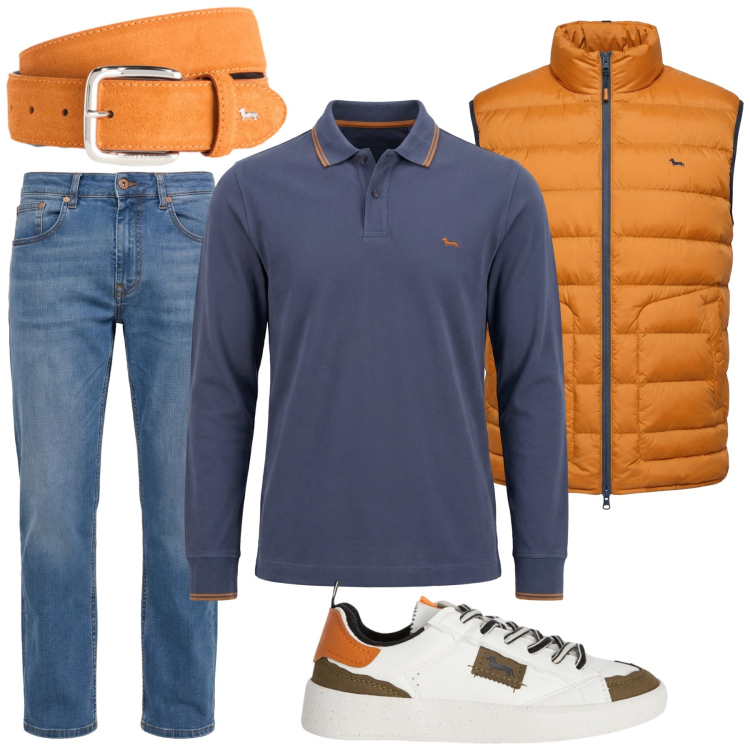 Outfit uomo - Energia Mediterranea in Blu e Arancio. Stile Trendy per Tutti i giorni. Abbinamento con sneakers, jeans, cinture, piumini, polo.